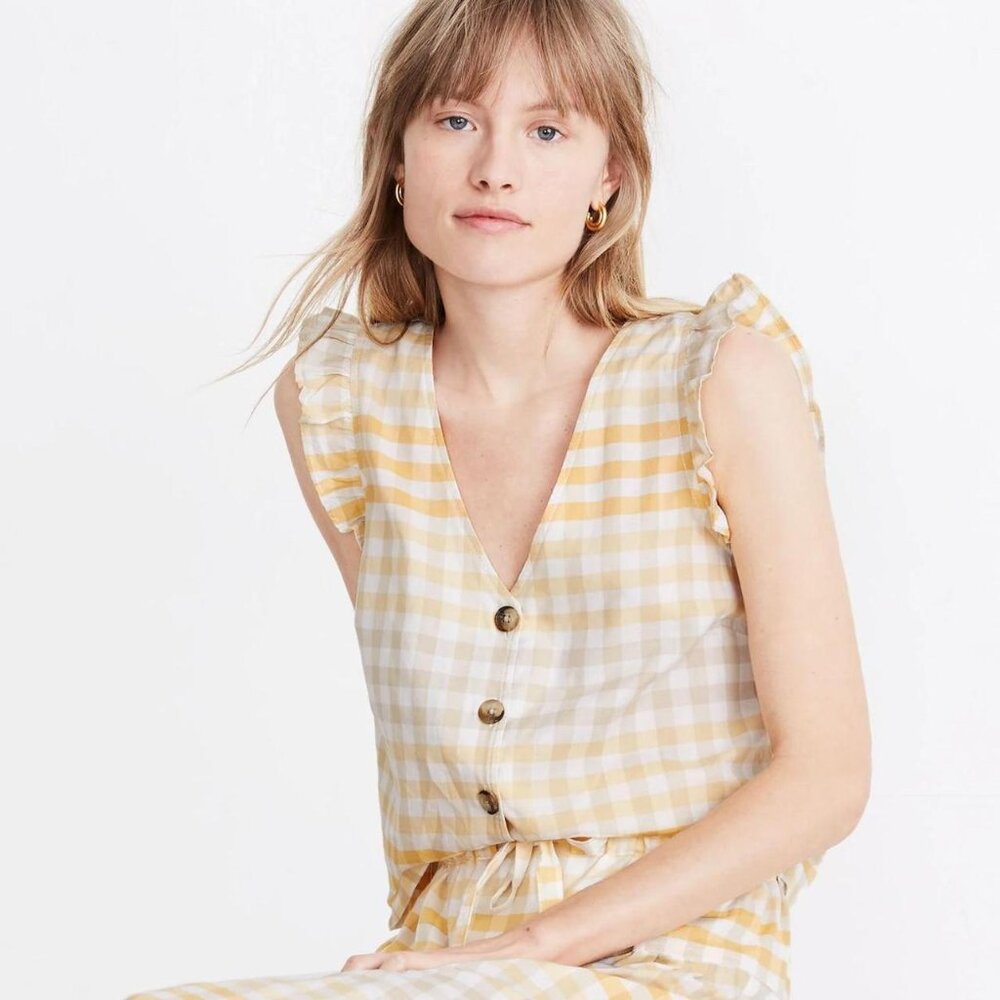 Madewell Yellow White Ruffle Button-Front Tank Size 14 - Picture 6 of 7